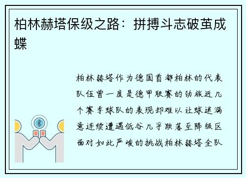 柏林赫塔保级之路：拼搏斗志破茧成蝶