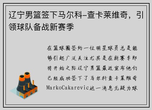 辽宁男篮签下马尔科-查卡莱维奇，引领球队备战新赛季